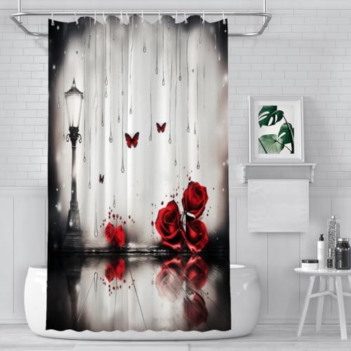 Red Rose with Butterfly and Street Lamp Shower Curtain Set 72x72 Inches
