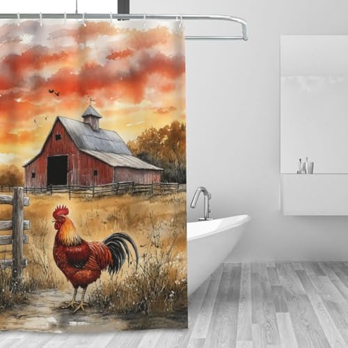 SCECALA Rustic Farm Barn Shower Curtain Red Barn Chicken Wood Fence 70x70 Inch