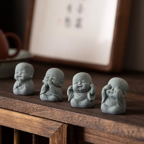Laughing Buddha Statue Decor 4Pcs Small Zen Monk Sandstone Buddha Sculpture for Wealth Good Luck Feng Shui Decor