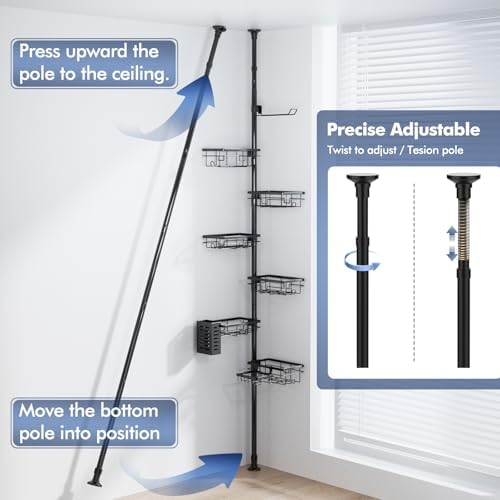 Vatex Adjustable Corner Shower Caddy Organizer with 6 Baskets and Towel Bar