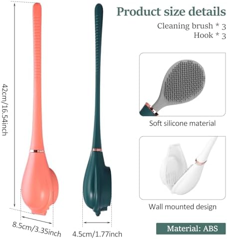 3Pcs ABS Shell Toilet Brush with Wall Mount Holder and Flexible Bristles