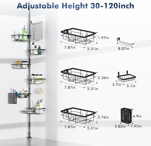 Vatex Adjustable Corner Shower Caddy Organizer with 6 Baskets and Towel Bar