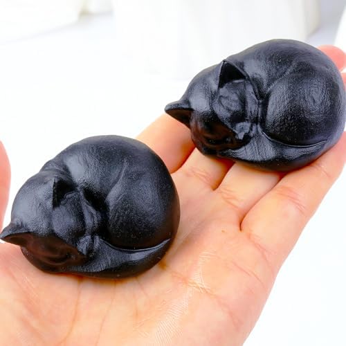 Black Obsidian Cat Statue 21 Inch Healing Crystal Decor for Home Office Desk