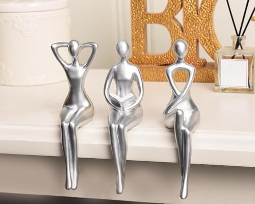 Quoowiit 3-Piece Thinker Statue Silver Sculpture Desk Decor