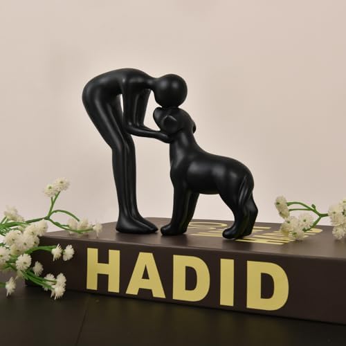 Dog Sculpture Home Decor Cute Man and Dog Statue Black