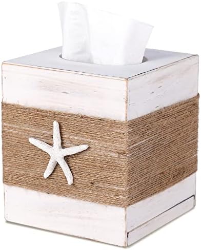 SOMTO Rustic White Wood Tissue Box Cover with Starfish Design