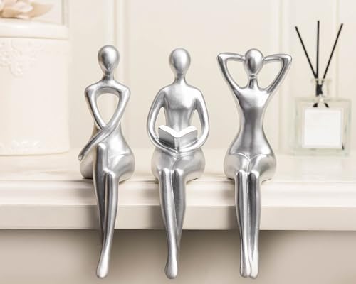 Quoowiit 3-Piece Thinker Statue Silver Sculpture Desk Decor