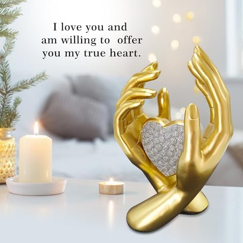 Gold Heart Hands Sculpture for Home Office Bedroom Decor