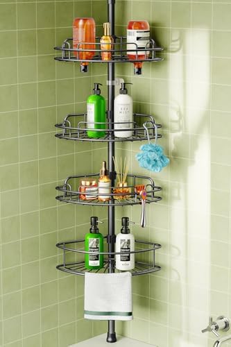 HAMITOR Corner Shower Caddy Tension Pole - 4-Tier Adjustable Rust-Resistant Organizer