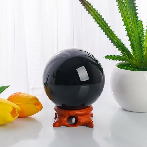 Modaier Black Obsidian Crystal Ball 80mm with Rose Wooden Stand and Gift Box