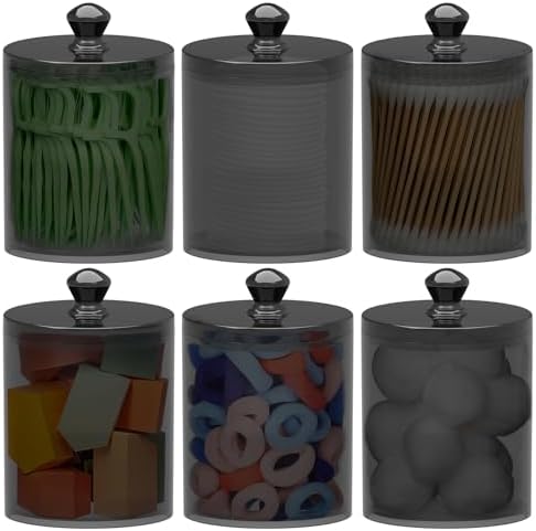 MateeyLife 6 Pack Q-tip Holder Black Acrylic Canister with Lid for Cotton Balls Swabs Pads Home Decor Storage Set
