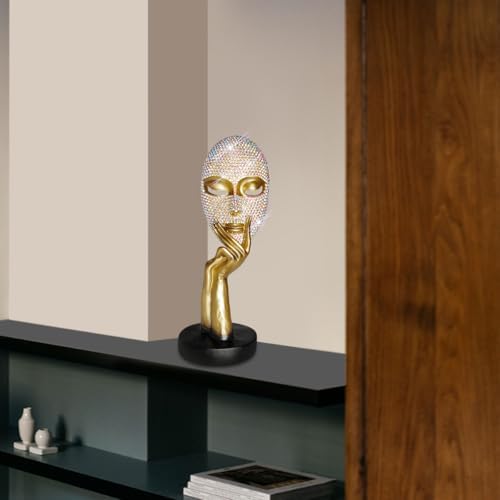 Bling Thinker Statue Golden Rhinestone Female Mask Sculpture for Home Office Decor