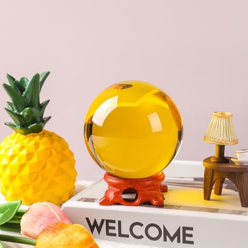 Yellow Crystal Ball 100mm with Rose Stand and Gift Box