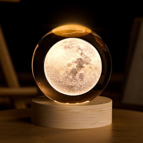 Moon Crystal Ball with LED Light and Wooden Base