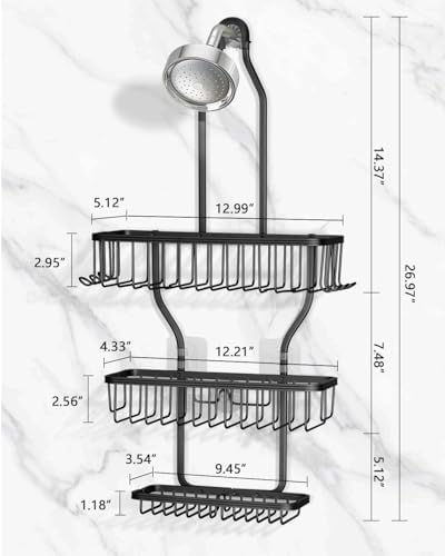 MSAICOE Shower Caddy with 6 Hooks and 3 Baskets - Aluminum Never Rust Black