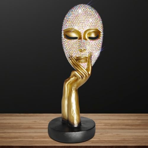 Bling Thinker Statue Golden Rhinestone Female Mask Sculpture for Home Office Decor