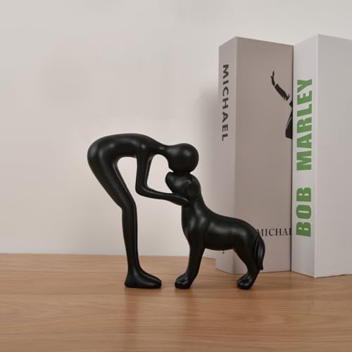 Dog Sculpture Home Decor Cute Man and Dog Statue Black