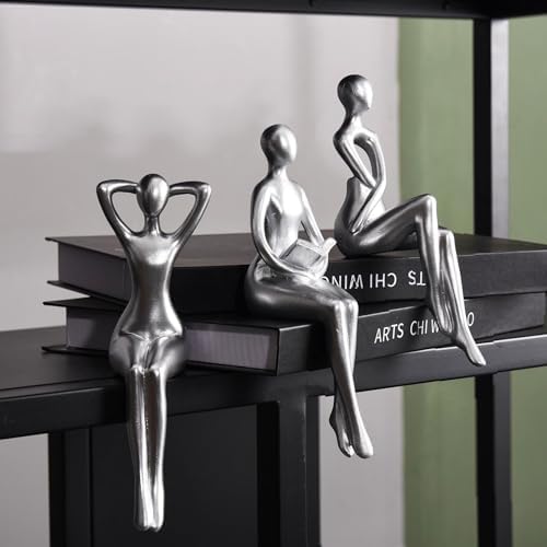 Quoowiit 3-Piece Thinker Statue Silver Sculpture Desk Decor