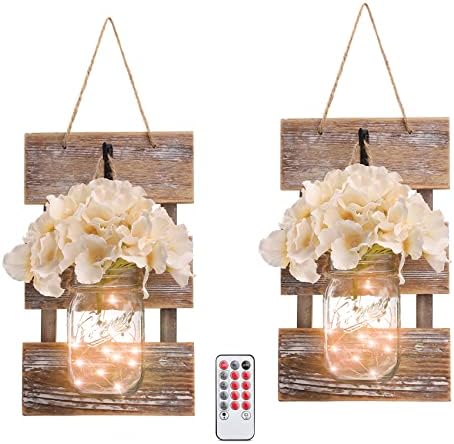HOMKO Mason Jar Wall Decor with LED Fairy Lights - Set of 2