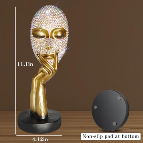 Bling Thinker Statue Golden Rhinestone Female Mask Sculpture for Home Office Decor