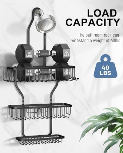 MSAICOE Shower Caddy with 6 Hooks and 3 Baskets - Aluminum Never Rust Black