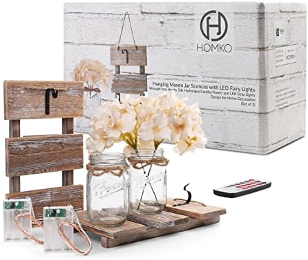 HOMKO Mason Jar Wall Decor with LED Fairy Lights - Set of 2
