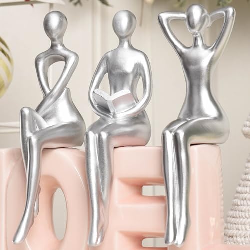 Quoowiit 3-Piece Thinker Statue Silver Sculpture Desk Decor