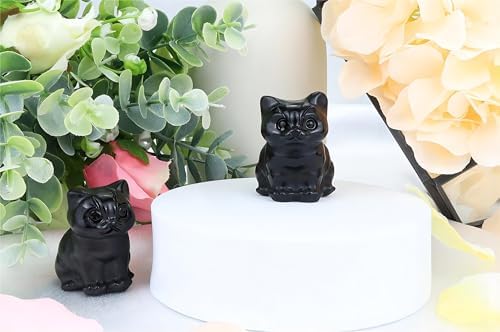 QINJIEJIE Black Obsidian Cat Healing Statue