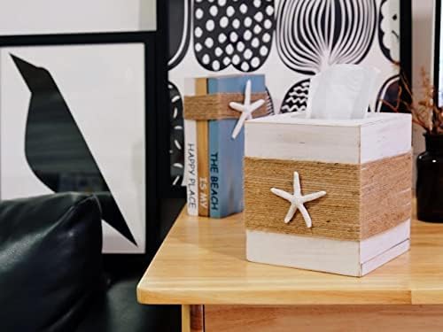 SOMTO Rustic White Wood Tissue Box Cover with Starfish Design