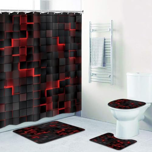 Riyidecor 4PCs Black Red Shower Curtain Set with Non-Slip Mats
