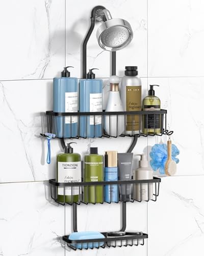MSAICOE Shower Caddy with 6 Hooks and 3 Baskets - Aluminum Never Rust Black