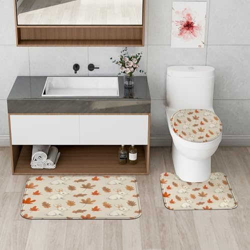 4PCS Fall Cartoon Rabbit Shower Curtain Set with Hooks and Non-Slip Rug