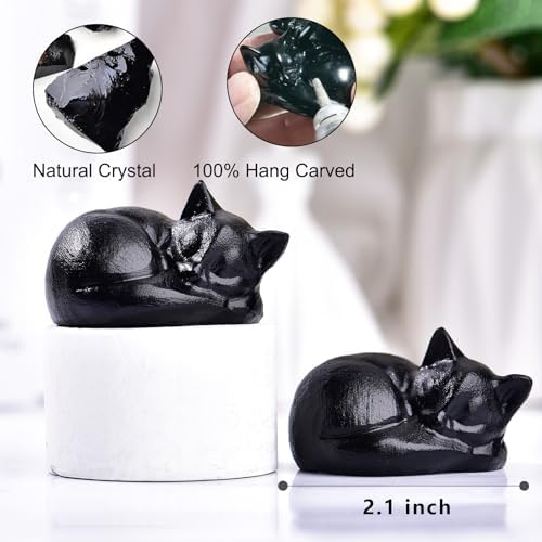 Black Obsidian Cat Statue 21 Inch Healing Crystal Decor for Home Office Desk