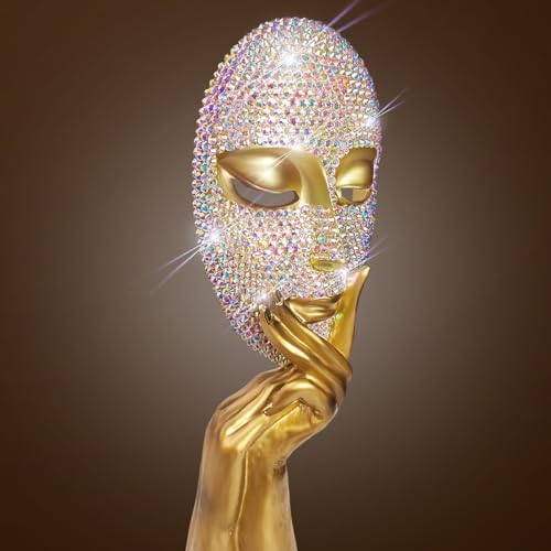 Bling Thinker Statue Golden Rhinestone Female Mask Sculpture for Home Office Decor