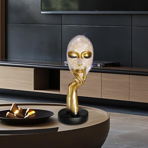 Bling Thinker Statue Golden Rhinestone Female Mask Sculpture for Home Office Decor