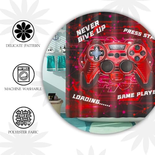 Gaming Shower Curtain for Boys - 60x72 Red Set with 12 Hooks