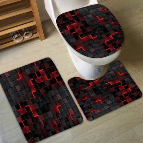 Riyidecor 4PCs Black Red Shower Curtain Set with Non-Slip Mats