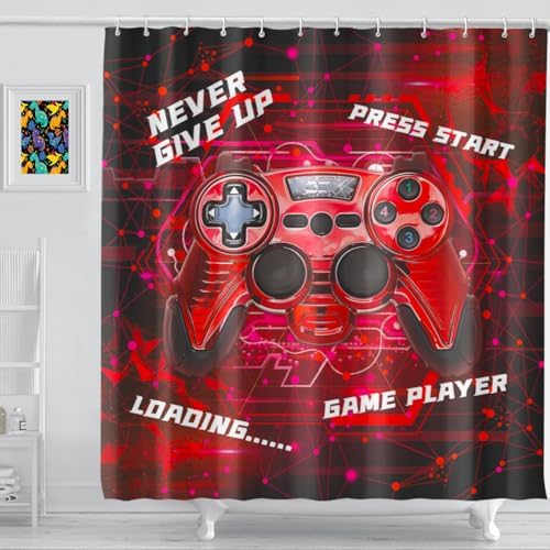 Gaming Shower Curtain for Boys - 60x72 Red Set with 12 Hooks