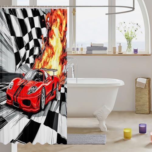 Feelyou Kids Red Race Car Shower Curtain Set 72x72