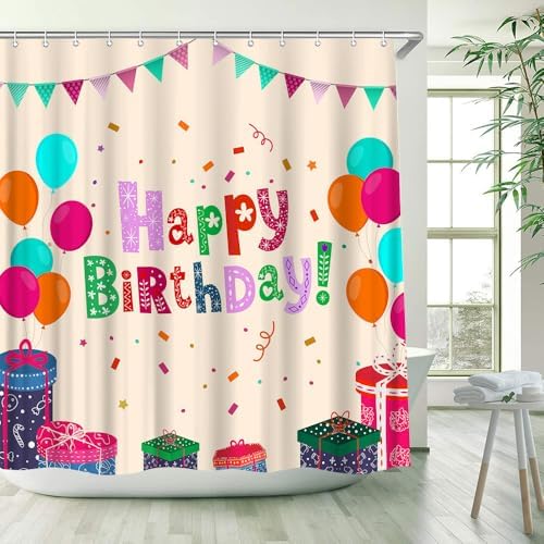 Happy Birthday Shower Curtain with Balloons and Stars for Boys Girls