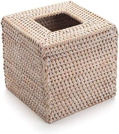 DECRAFTS Rattan Tissue Box Cover Natural Woven Holder Square White