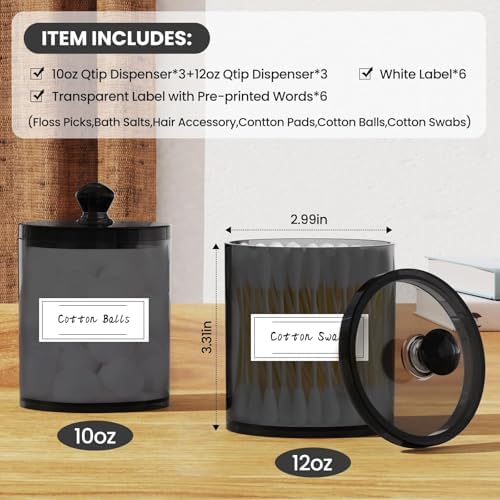 MateeyLife 6 Pack Q-tip Holder Black Acrylic Canister with Lid for Cotton Balls Swabs Pads Home Decor Storage Set