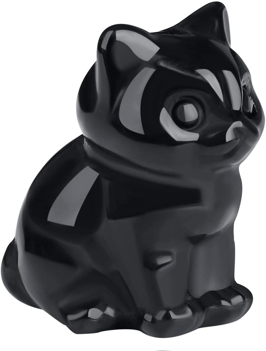 QINJIEJIE Black Obsidian Cat Healing Statue