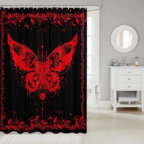 Feelyou Boho Red Butterfly Shower Curtain with 12 Hooks