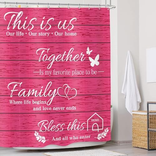 JAWO Family Shower Curtain Set - Pink Wood Design with 12 Hooks
