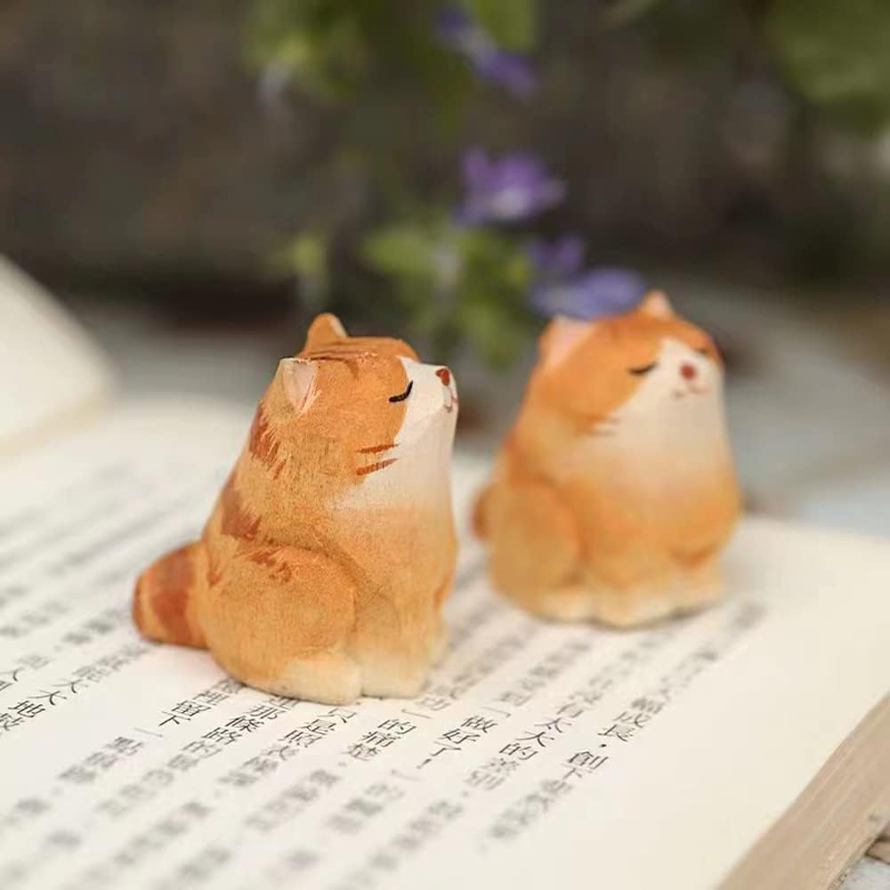 Little Orange Cat Wooden Statue Handmade Sculpture