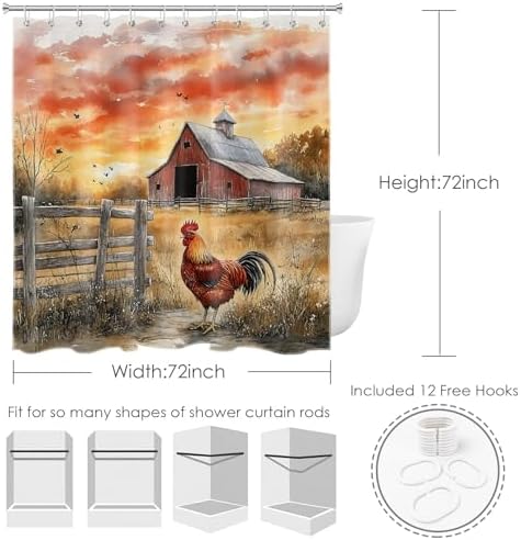 SCECALA Rustic Farm Barn Shower Curtain Red Barn Chicken Wood Fence 70x70 Inch