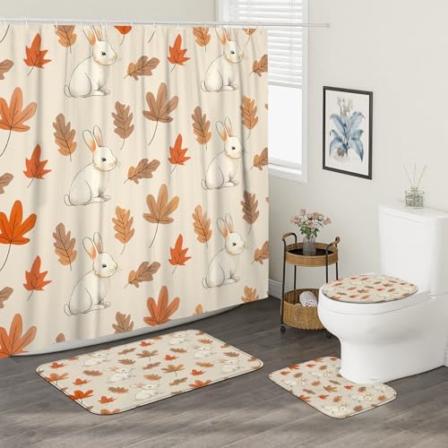 4PCS Fall Cartoon Rabbit Shower Curtain Set with Hooks and Non-Slip Rug