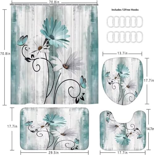 4PCS Rustic Teal Daisy Farmhouse Shower Curtain Set