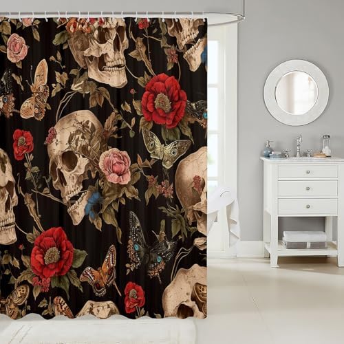 Feelyou Sugar Skull Rose Shower Curtain Set 72x72 Death Moth Gothic Floral Bath Curtain